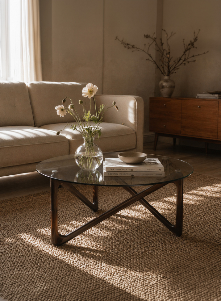 Couchtisch 'Modica' Ø80 – Nussbaum/Glas