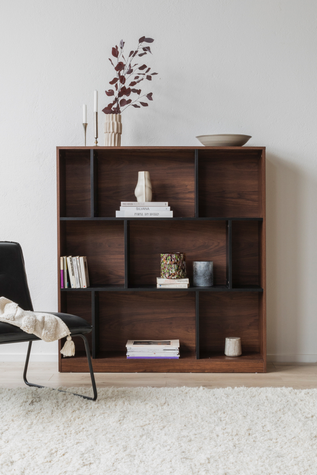 Bücherregal 'Colin' 118x129 - Walnuss / Schwarz