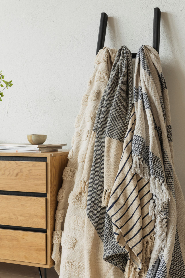 Decke aus recycelter Baumwolle 'Skiss' - Beige/Blau