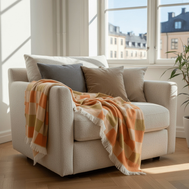 Karostoff \'Audrey Check\' 130 x 170 cm – Beige/Gelb/Orange in der Gruppe Einrichtung / Textilien / Teppiche & Decken bei Reforma (V10201735)