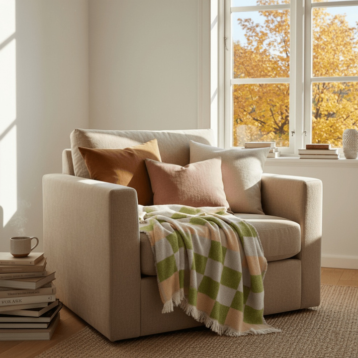 Karostoff \'Audrey Check\' 130x170cm – Beige/Grün/Lila in der Gruppe Einrichtung / Textilien / Teppiche & Decken bei Reforma (V10201736)