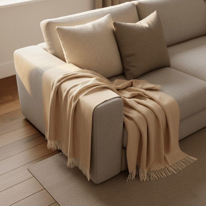 Baumwolldecke \'Denisa Fishbone\' 130 x 170 cm – Beige/Weiß in der Gruppe Einrichtung / Textilien / Teppiche & Decken bei Reforma (V10201745)